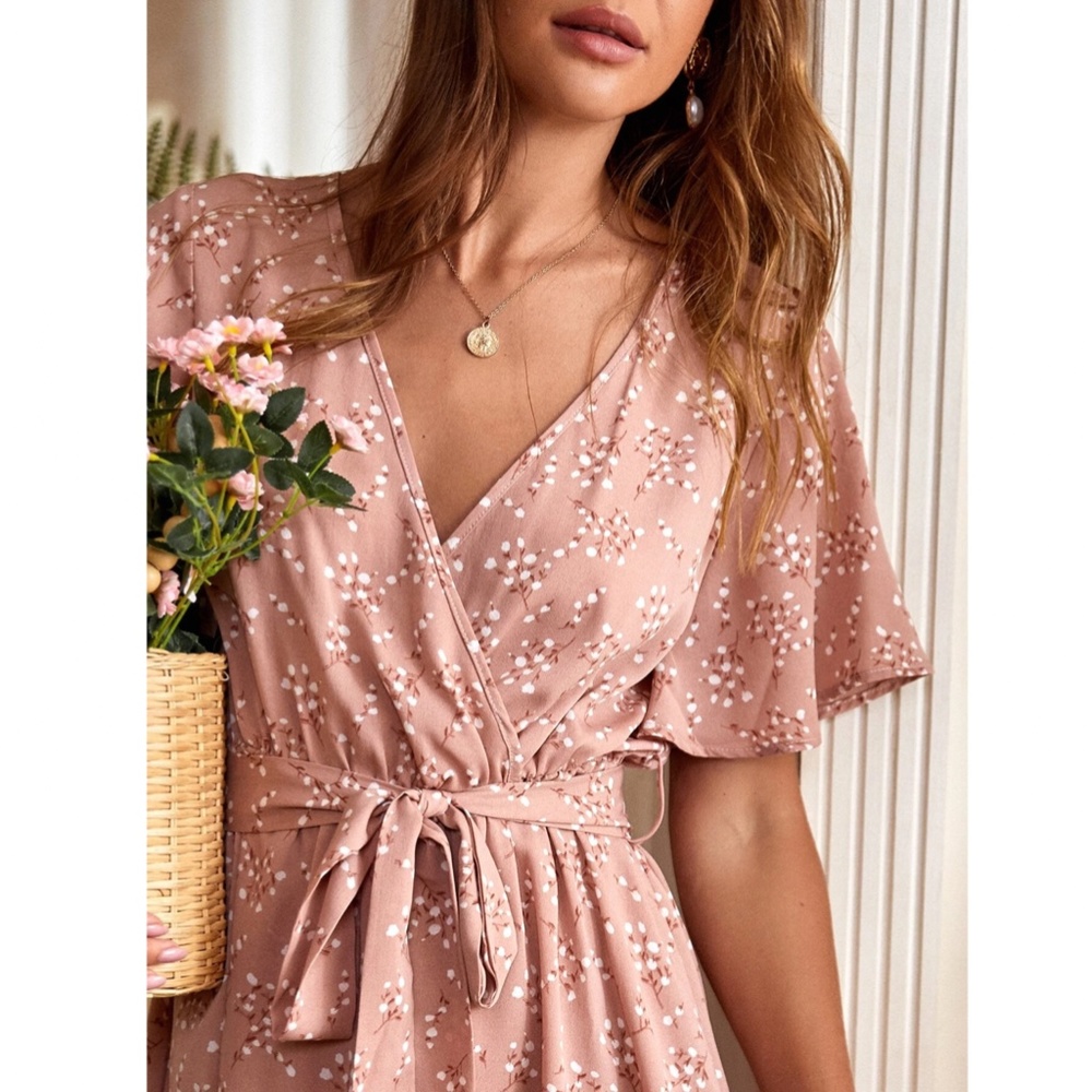 Pink Floral Printed Faux Wrap Mini Dress Flared Butterfly Sleeve Tie Belted - Picture 3 of 7